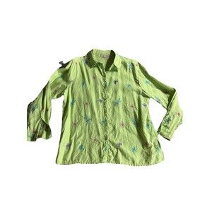 Studio Works 100% Linen Button Up Size L Dragonfly Butterfly Embroidered Green